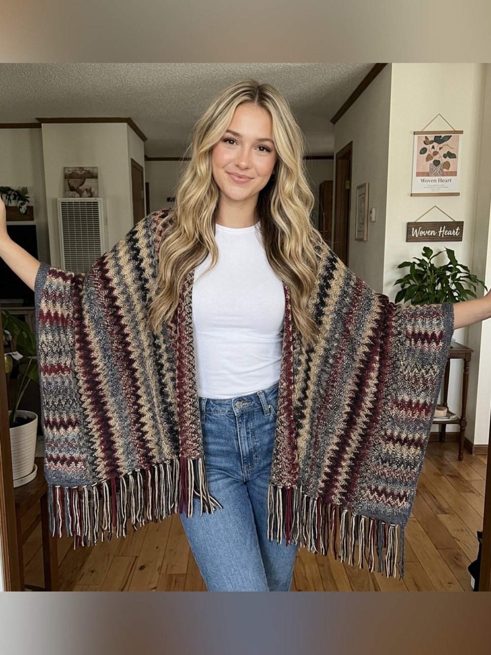 Woven Heart Multicolor Striped Fringe Knit Wrap - Burgundy, Gray, Cream